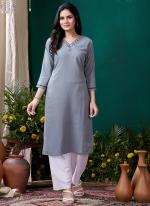 Cotton Grey Casual Wear Hand Work Readymade Kurti With Pant